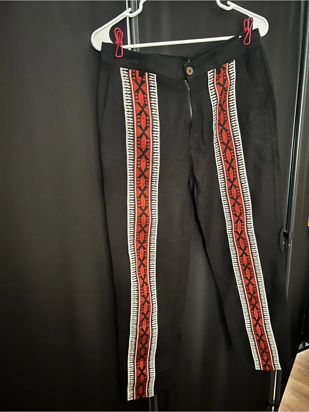 Zara Black Linen Pants with Red & White Tribal Front Stripes